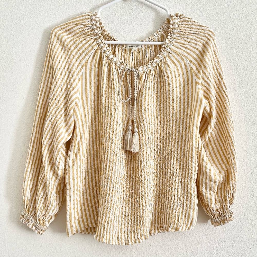 Max Studio Yellow Beige White Stripe Ruffle Tie Front Peasant Blouse Top Small